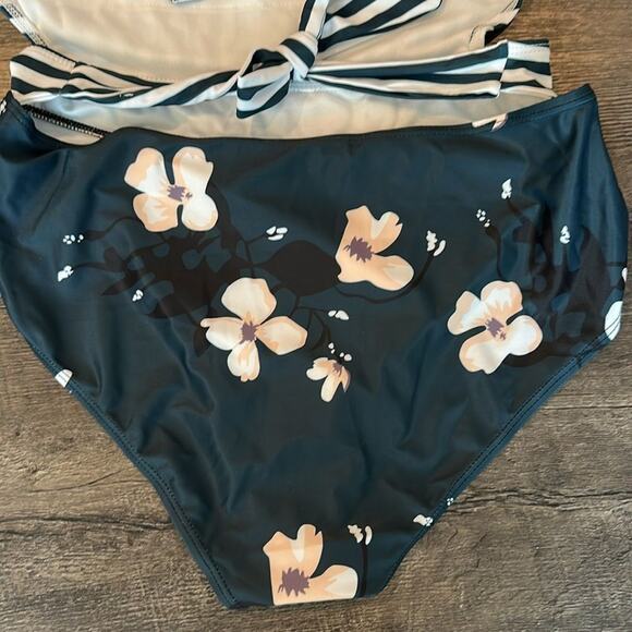 Sunikini Large High-Waist Vertical Striped/Orchid Floral One-Piece Swimsuit - Picture 11 of 14